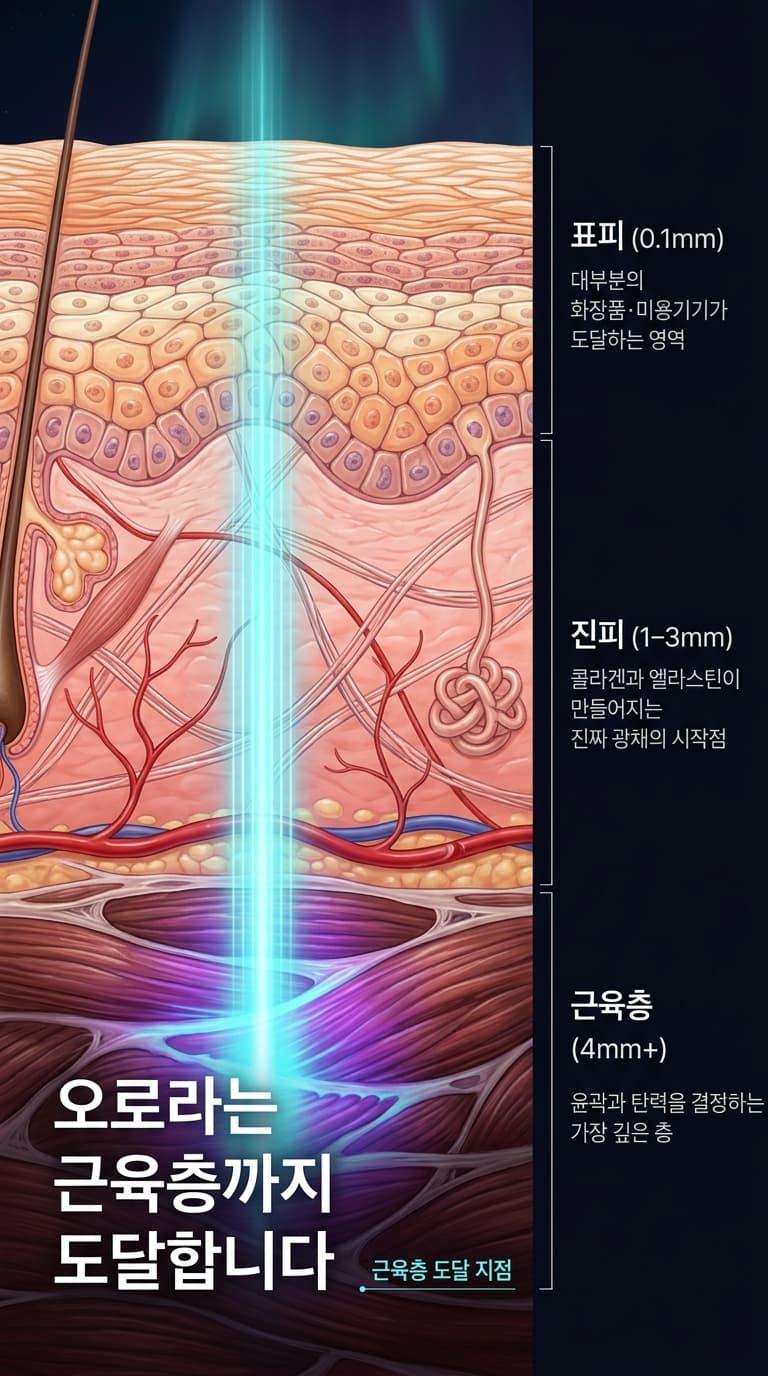 피부 3층(표피·진피·근육층) 단면 다이어그램. 오로라 광선이 근육층까지 도달하는 모습.